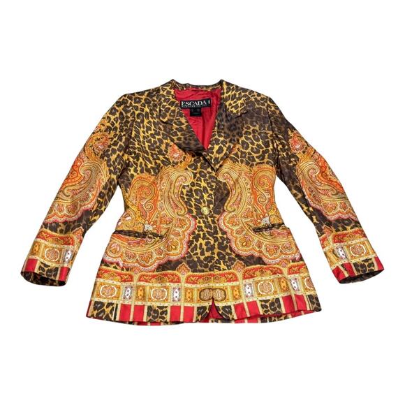 Escada Vintage Brown Leopard Print Red & Gold Paisley Silk Size 36 EU 4 US - Picture 2 of 4
